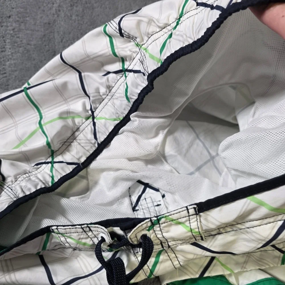 Speedo Mens XL Board Shorts White Green‎ Navy Plaid Cargo Pocket Mesh Lined Swim